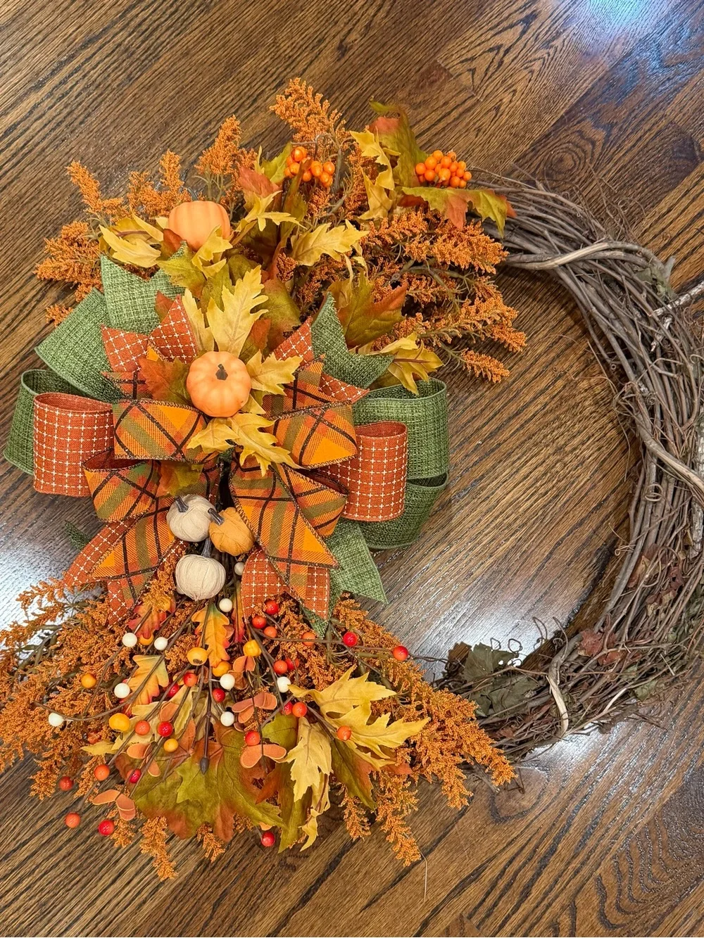 Autumn Harvest Grapevine Wreath with Orange and Green Bow